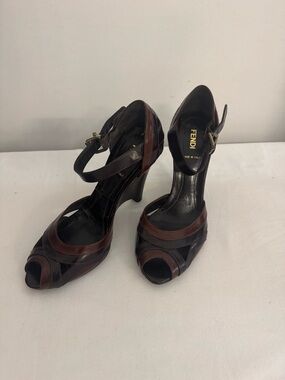 Fendi Brown and Black Leather Peep-Toe Ankle-Strap Heels